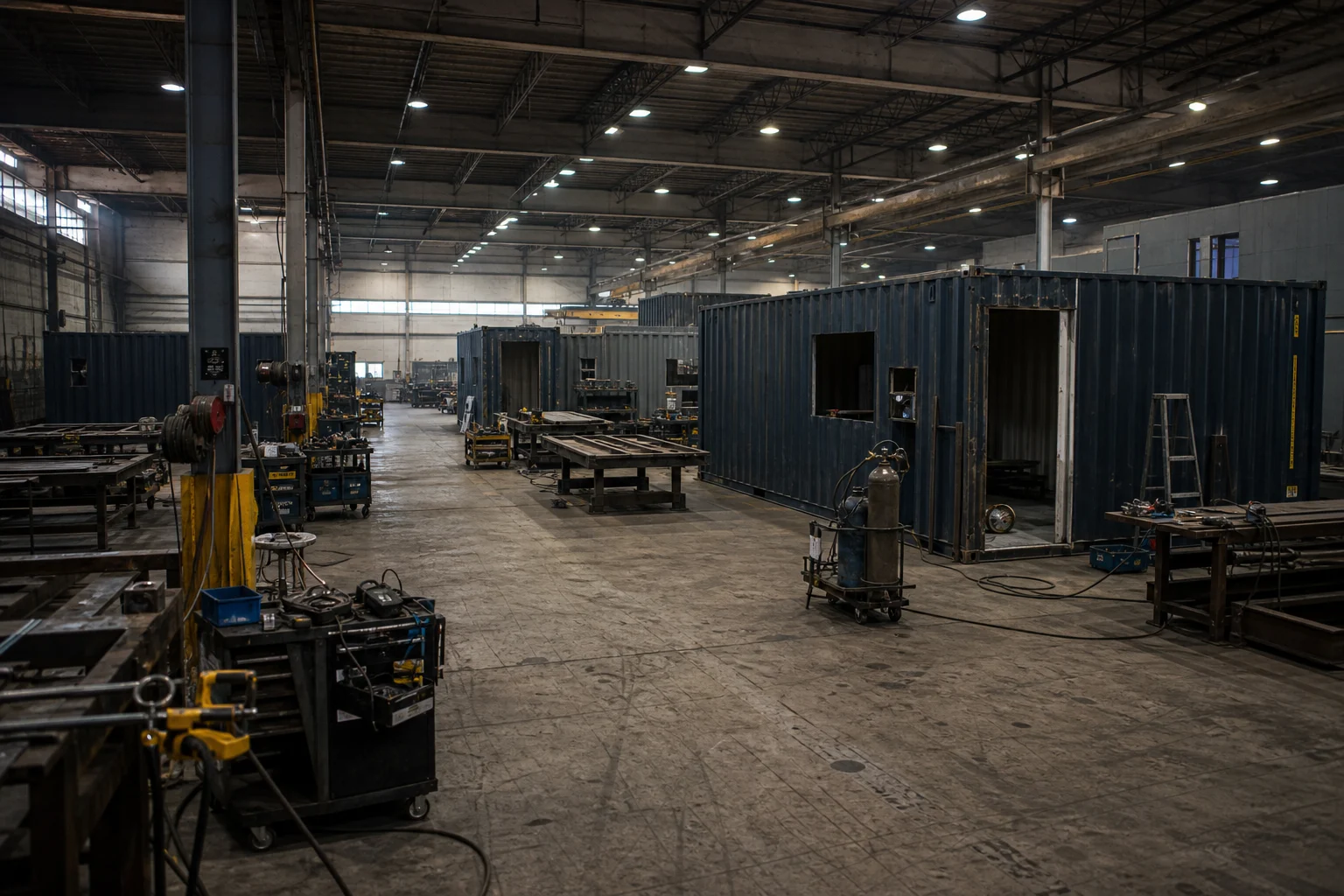 Shipping container fabrication warehouse floor with workstations and modified containers