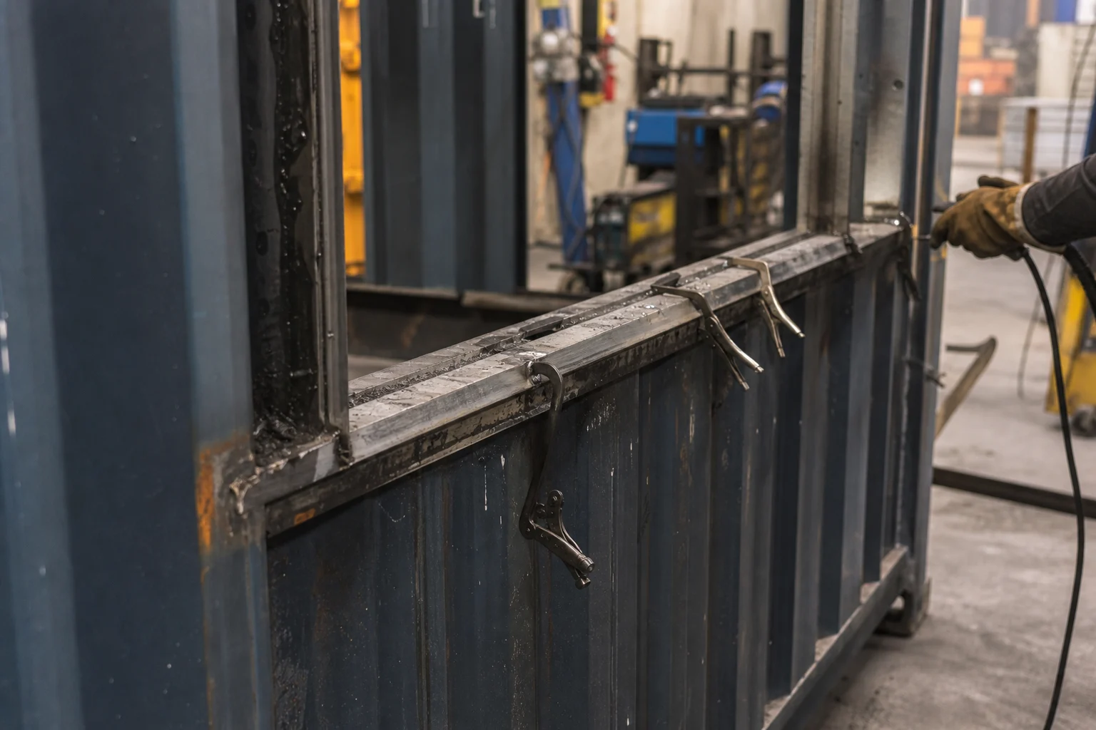 Close view of a framed opening on a modified shipping container in a fabrication shop