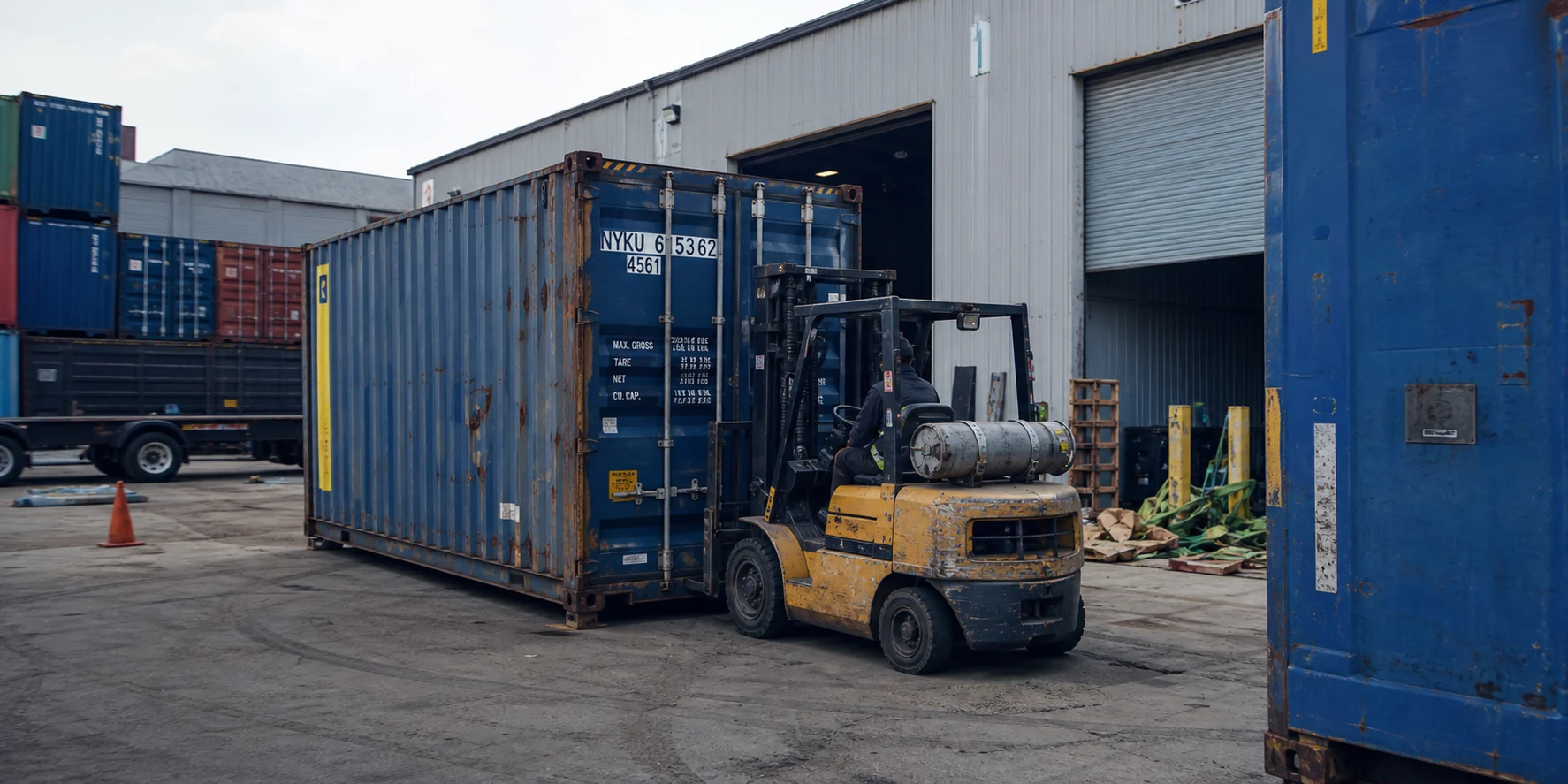 Forklift positioning a used shipping container in a working industrial yard