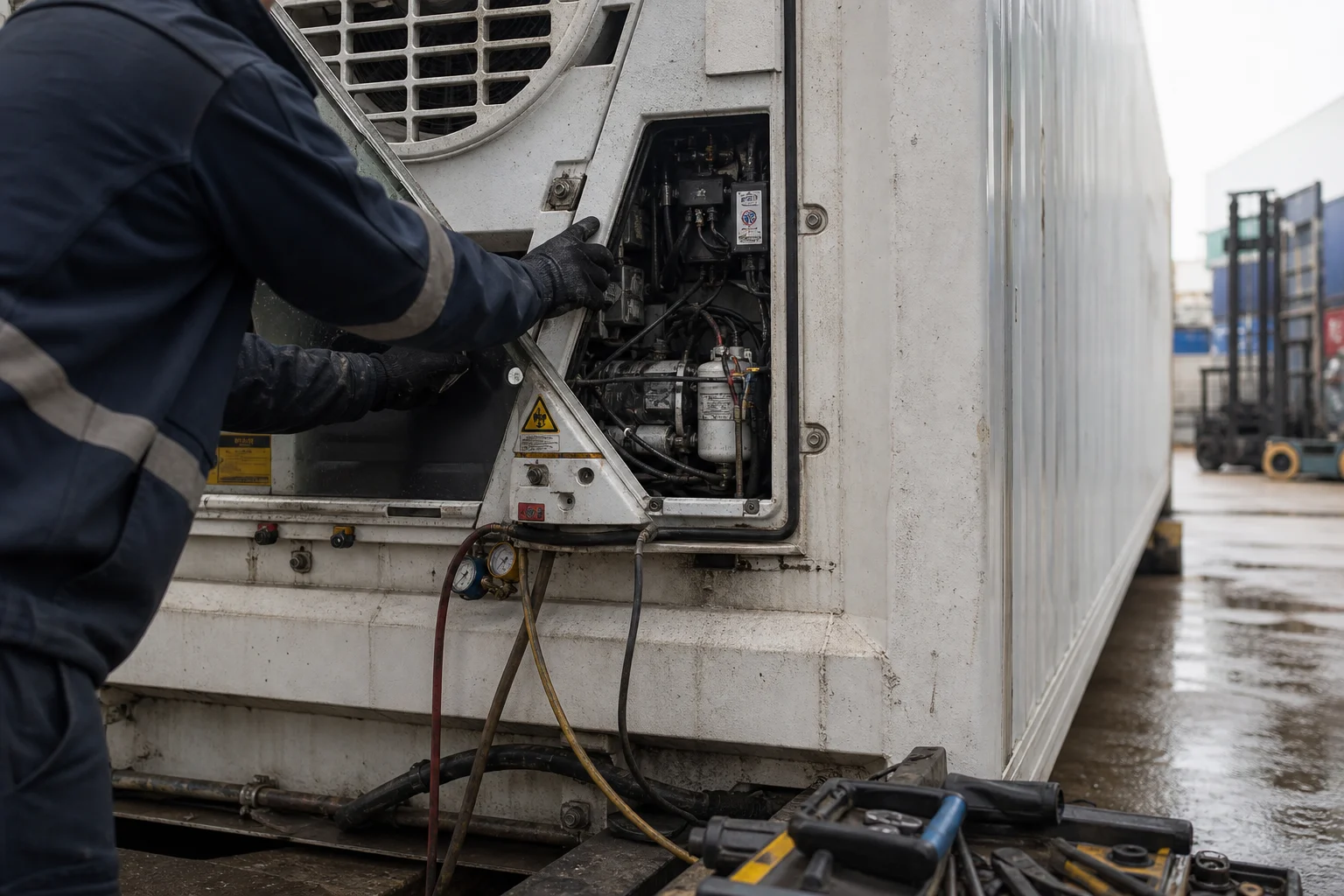Technician inspecting the refrigeration unit on a shipping container