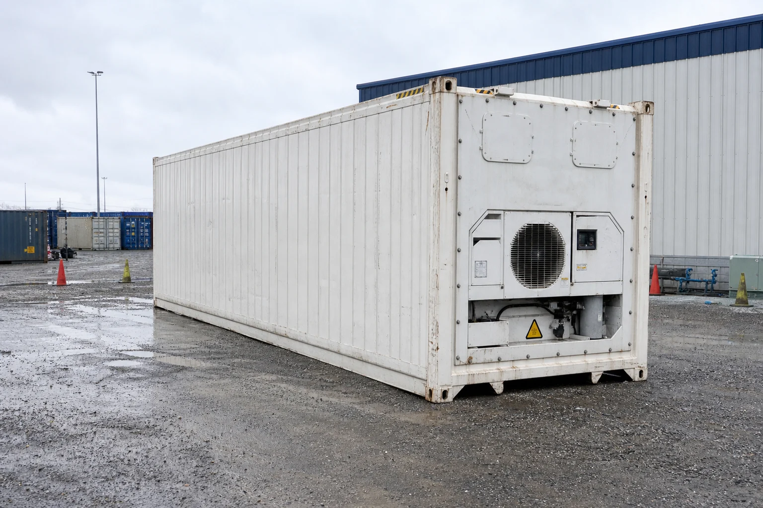 Weathered refrigerated shipping container staged in a rainy industrial yard