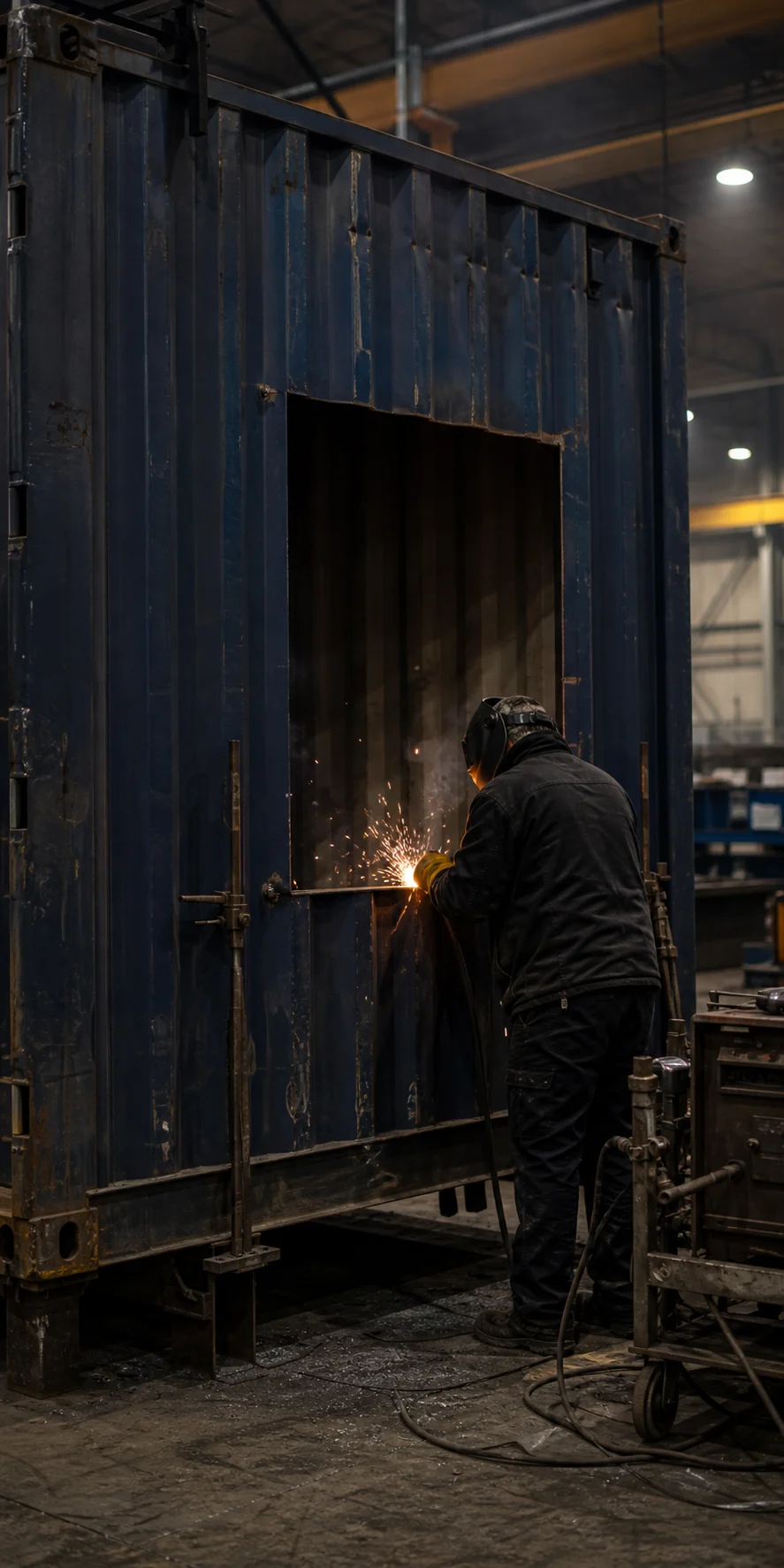 Fabricator working on a modified shipping container