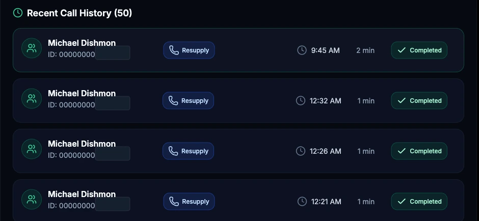 Recent call history list from the admin console: four completed resupply calls a few minutes apart, each row showing a duration and a completed badge, with vendor chips redacted.