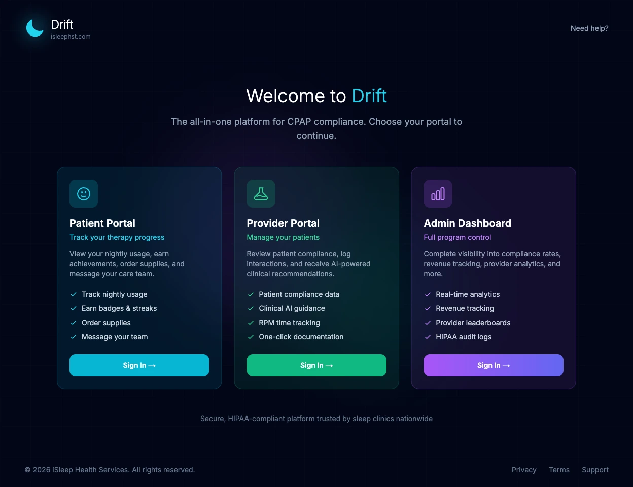 Drift portal selector: Welcome to Drift heading over three sign-in cards for the patient portal, provider portal, and admin dashboard, each listing its capabilities.