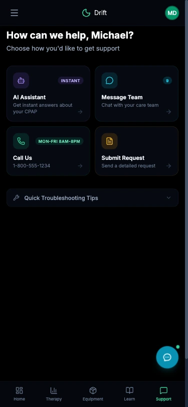Drift support hub on a phone: How can we help heading over cards for the AI assistant, care team messaging, a call line with hours, and a detailed request form.