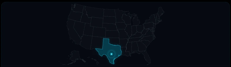 Live call map from the production voice console: a dark United States map with one active call glowing in Texas.