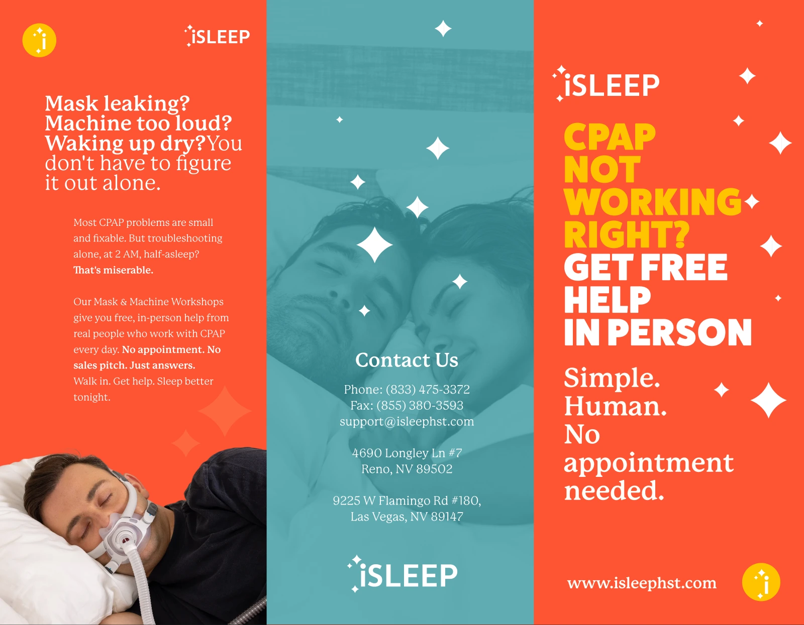 iSLEEP mask and machine workshop tri-fold: CPAP not working right, get free help in person, with contact panels and a sleeping couple photo.
