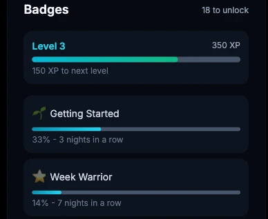 Badges card from the member portal: level three with an XP progress bar, plus streak badges named Getting Started and Week Warrior with progress toward nights in a row.