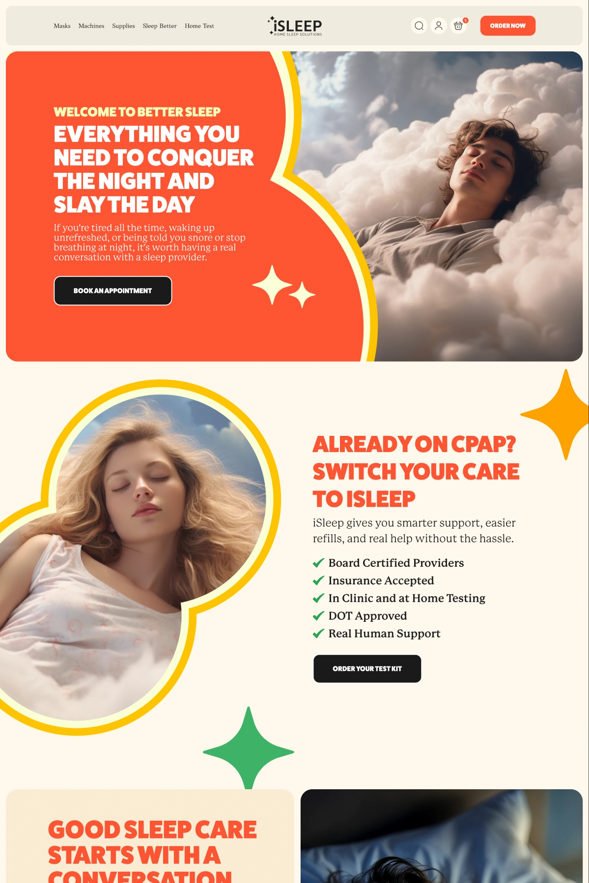 Patient landing page design: conquer the night and slay the day hero, then a switch-your-care section with provider checkmarks.
